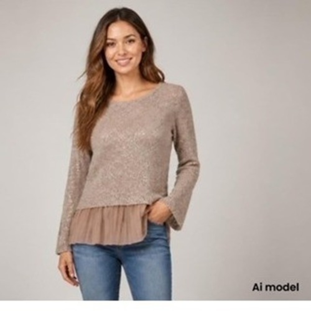 ALFANI Womens Tan and Gold Sparkle‎ Layered Look Sweater Size Petite Medium